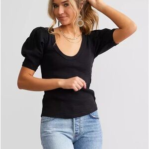 Free People SOLD OUT Papaya Tee Black NWT $68 Sz S Scoop Puff Sleeve